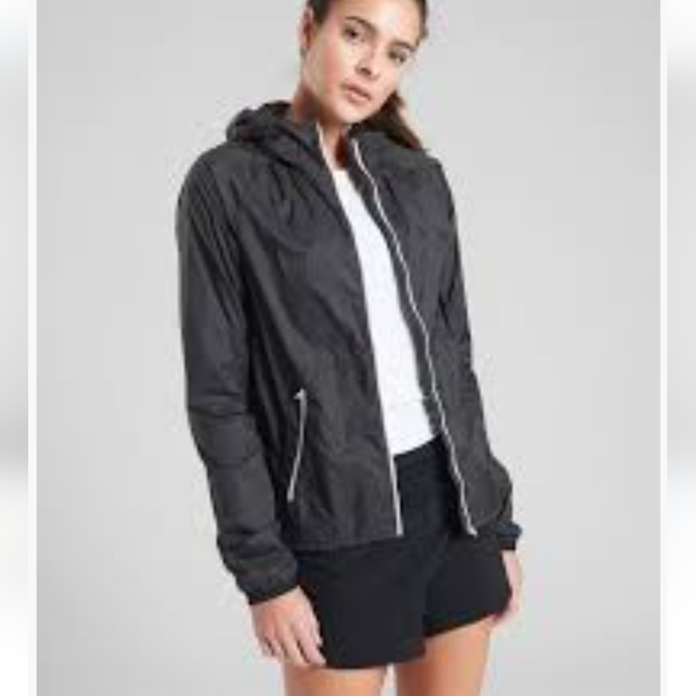 Athleta Black Burst Zippered Hooded Windbreaker